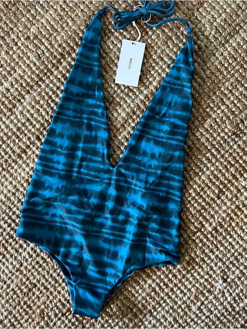 Mikoh Teal Tie-Dye Deep V Halter One-Piece
